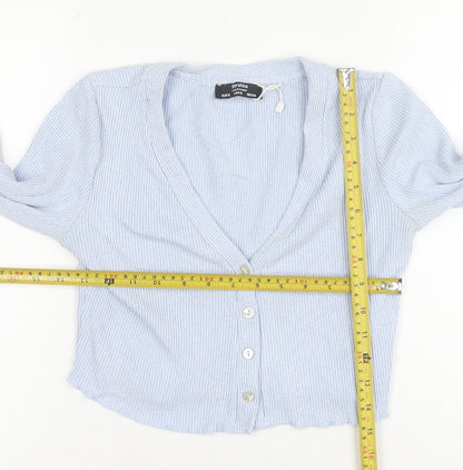 Bershka Women Blue Cropped Ribbed Knit Button-Up Top XS