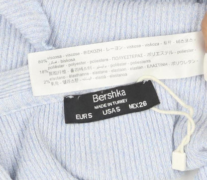 Bershka Women Blue Cropped Ribbed Knit Button-Up Top XS