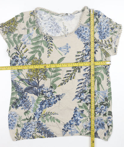 Next Women Beige Floral Cotton Short Sleeve Scoop Neck T-Shirt Size 14