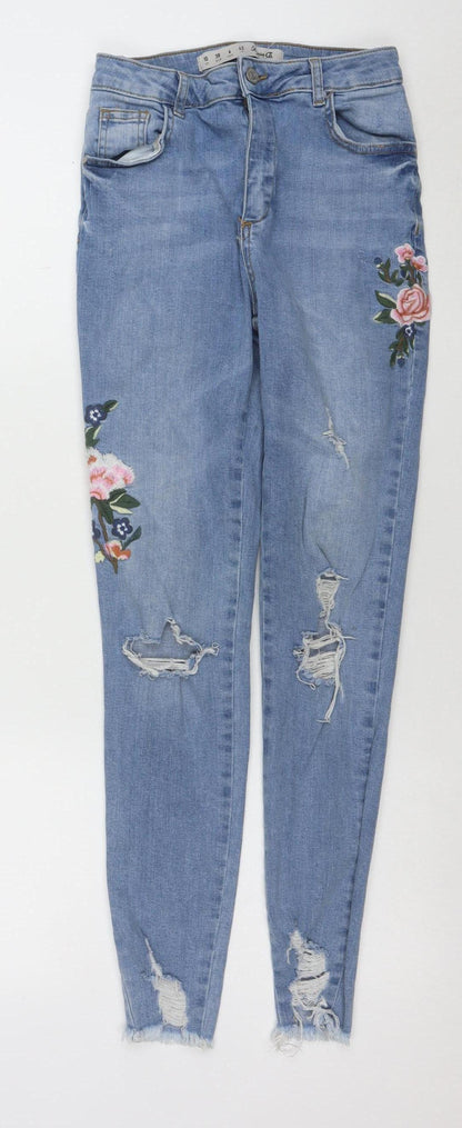 Denim Co. Women's Blue Skinny Distressed Embroidered Jeans Size 10