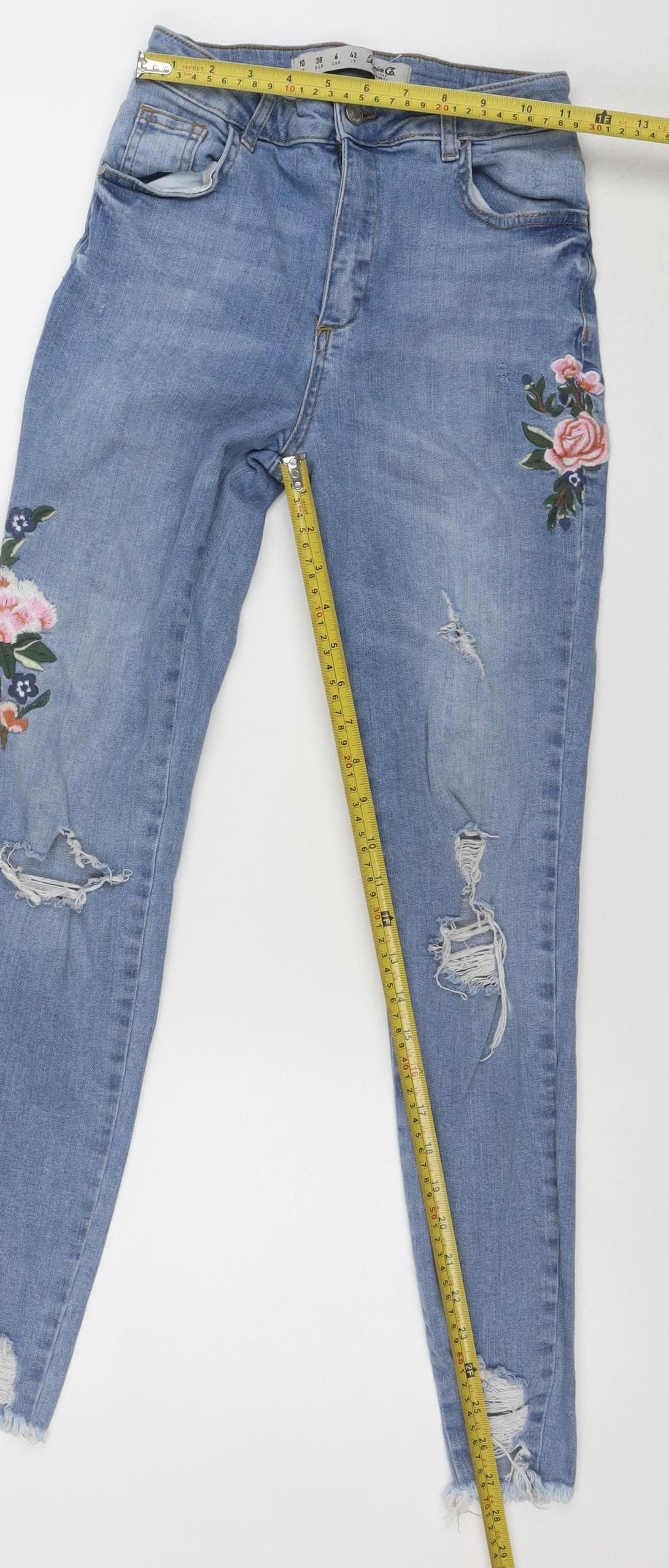 Denim Co. Women's Blue Skinny Distressed Embroidered Jeans Size 10