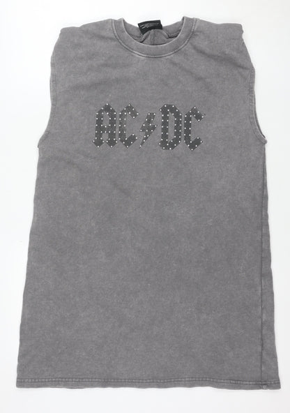 AC/DC Womens Grey Sleeveless T-Shirt Dress S Rock Studded Cotton