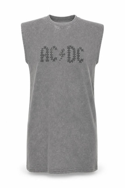 Front view of AC/DC women’s grey sleeveless t-shirt dress s rock studded cotton