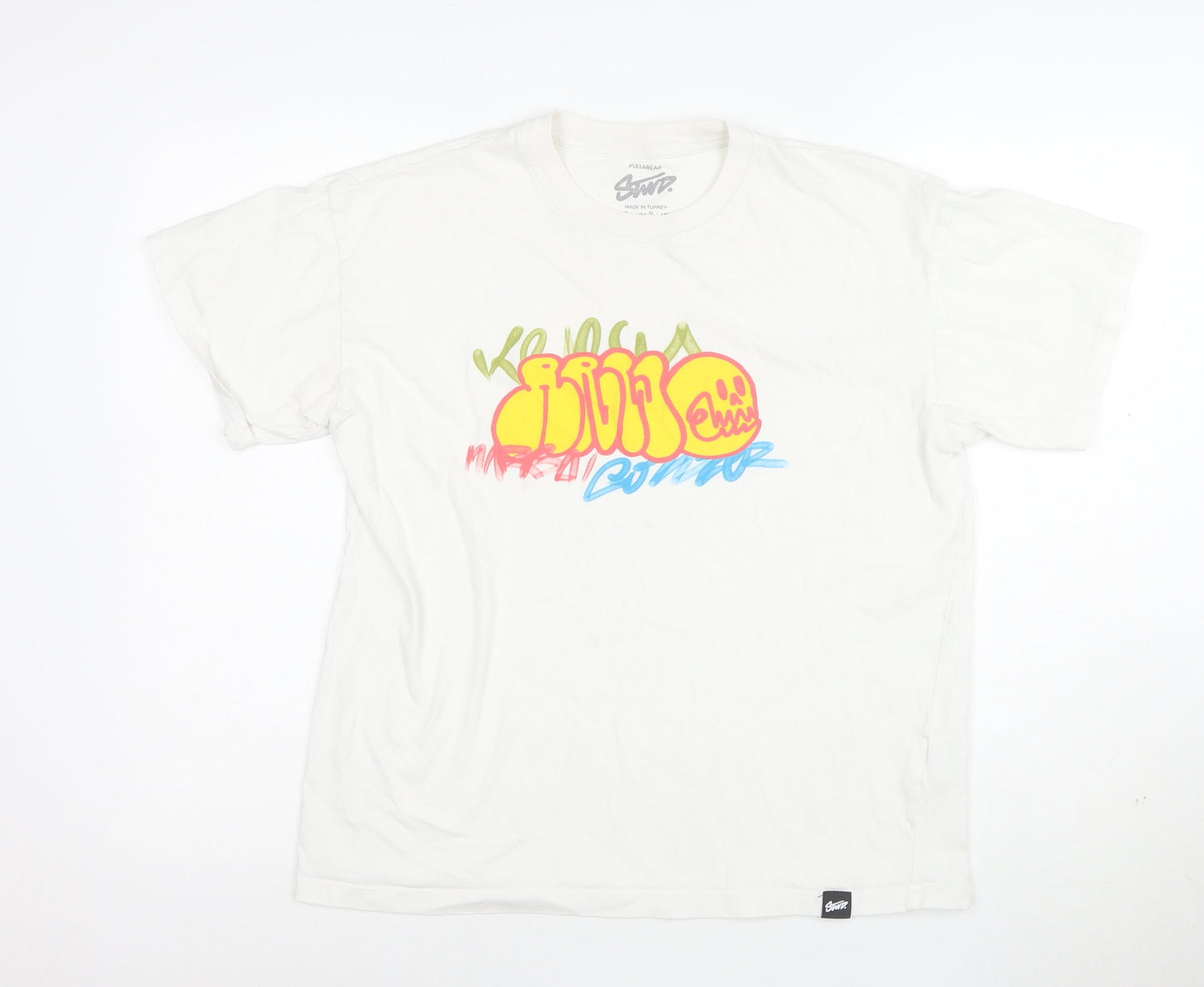 Pull&Bear Men's White Graphic Print T-Shirt Size S