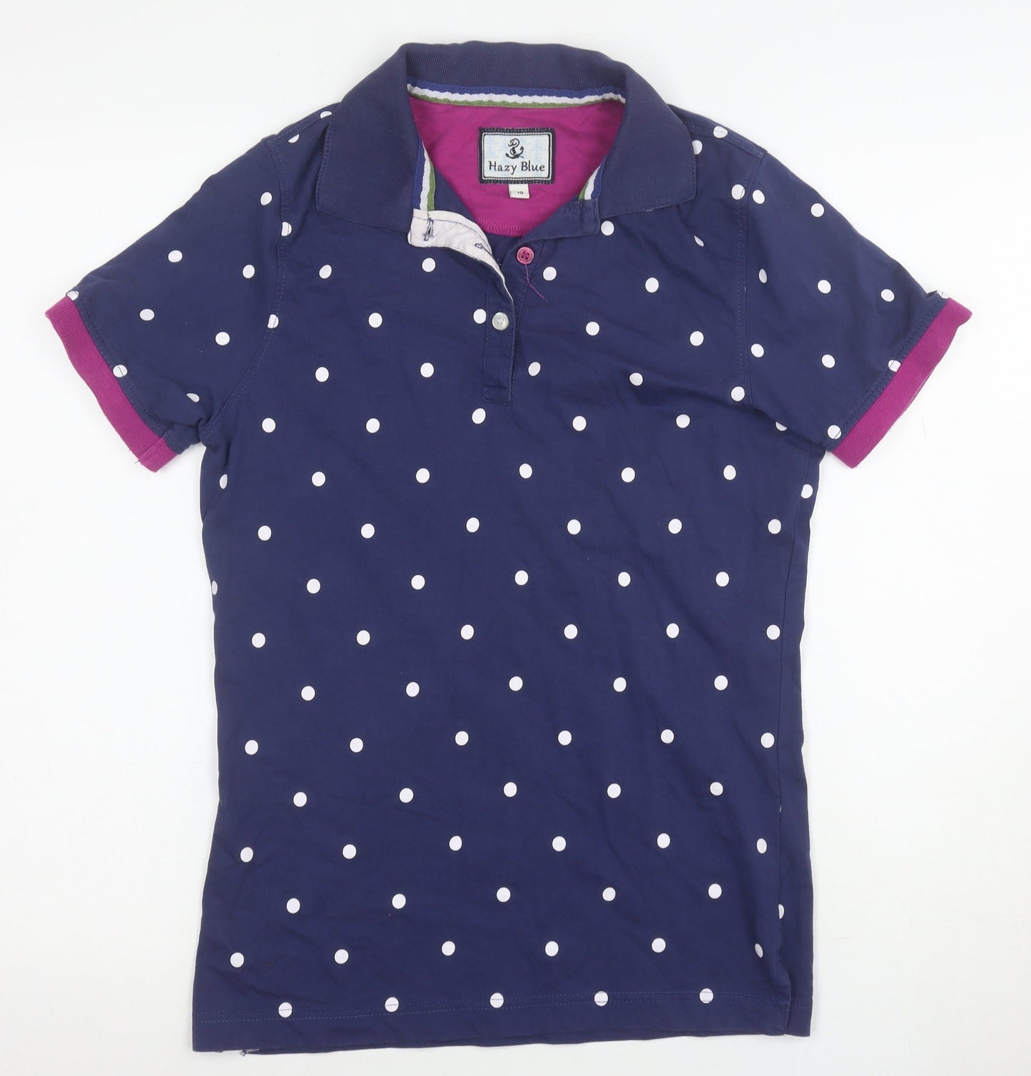 Hazy Blue Women's Navy Polka Dot Cotton Short Sleeve Polo Shirt Size 10