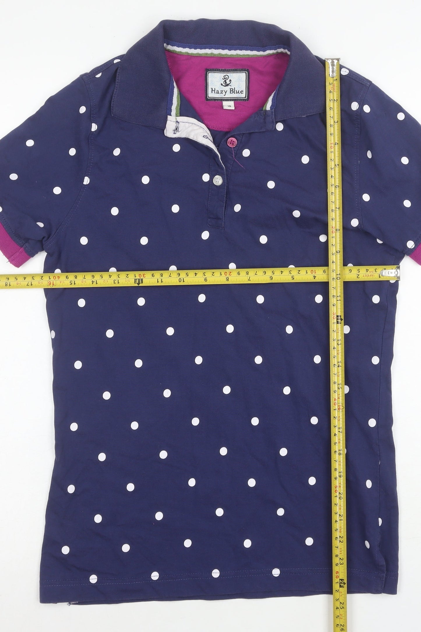 Hazy Blue Women's Navy Polka Dot Cotton Short Sleeve Polo Shirt Size 10
