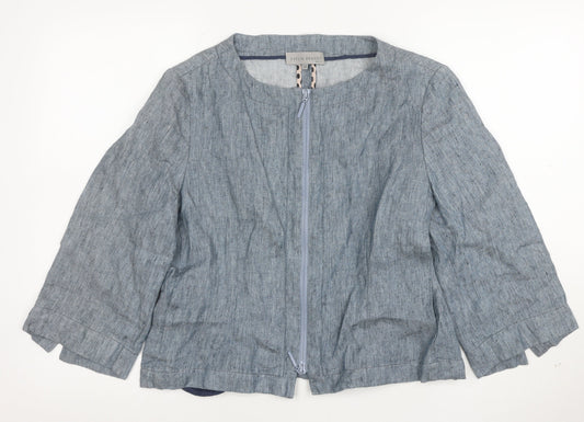 Evelin Brandt Women Blue Linen Suit Jacket Size 10 Short Sleeve