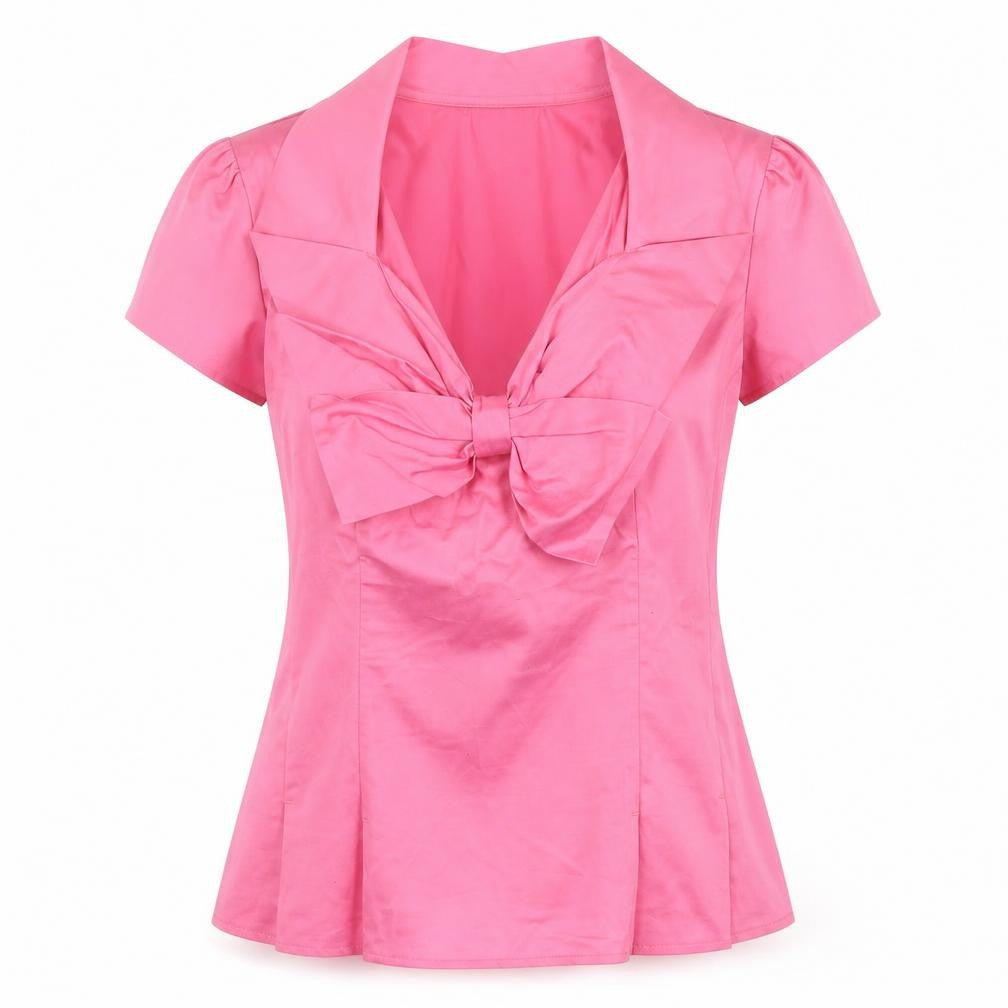 Next Women’s Pink Bow Blouse Size 12 Short Sleeve Cotton