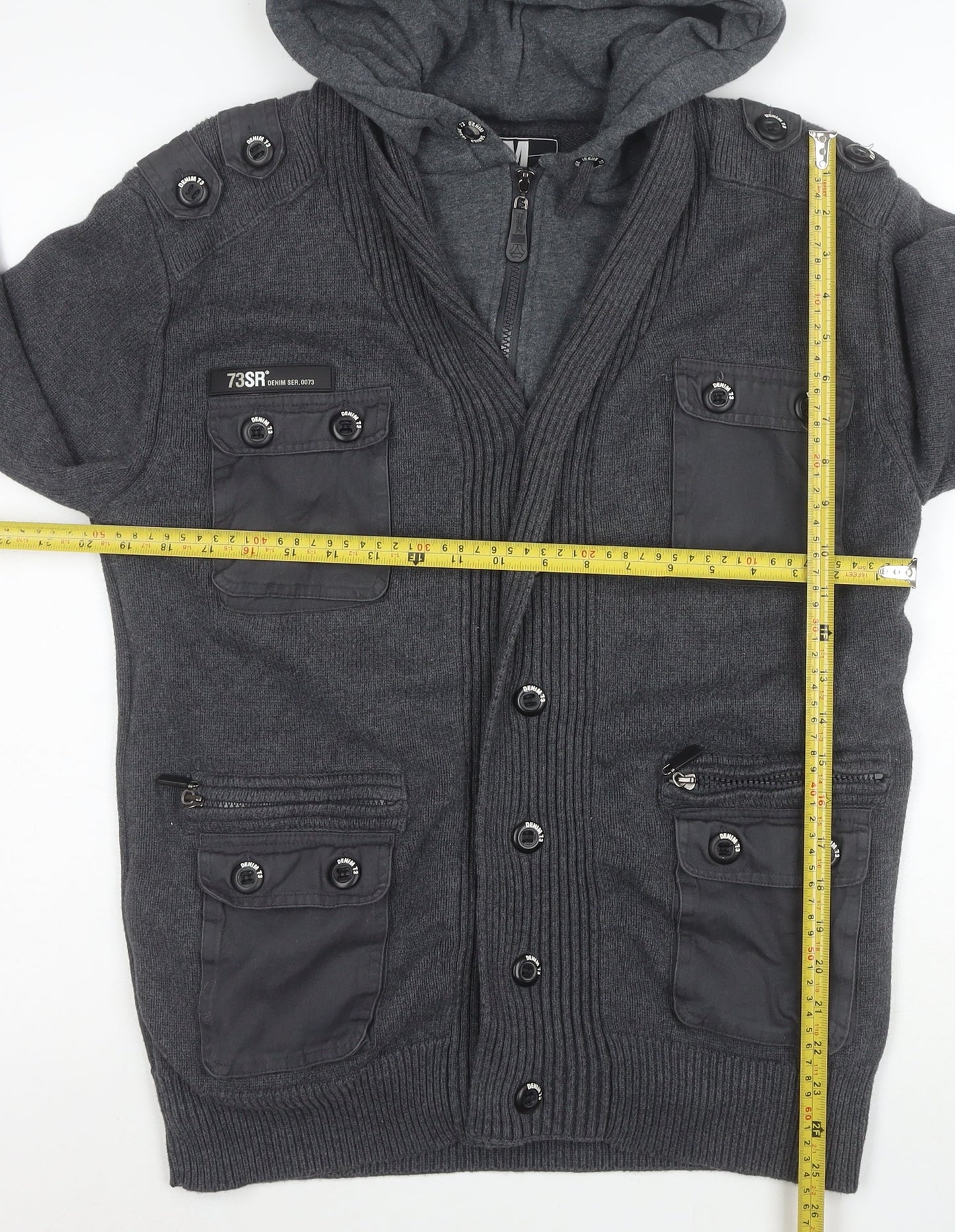 DNM:73 Men's Grey Hooded Knit Bomber Jacket Size L