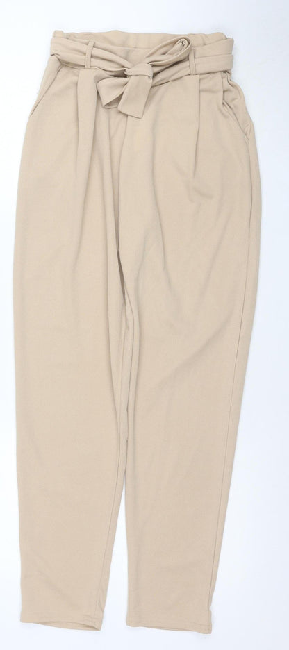 SAW IT FIRST Women’s Beige Paperbag Trousers Size 10 Belted High Waist