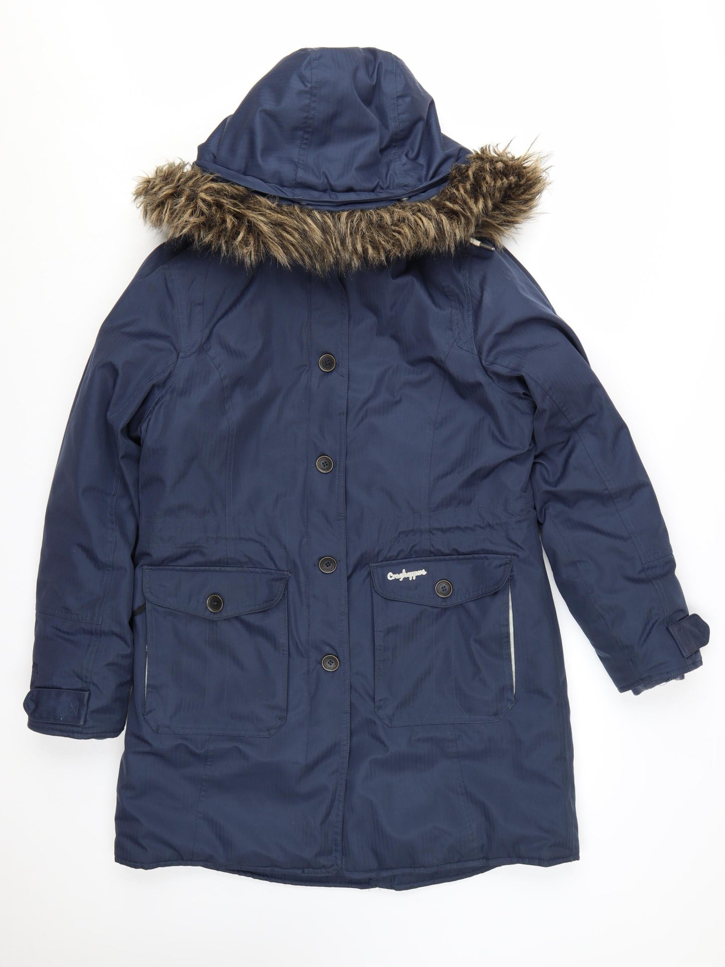 Craghoppers Women's Blue Waterproof Parka Coat Size 12 Hooded Fur Trim