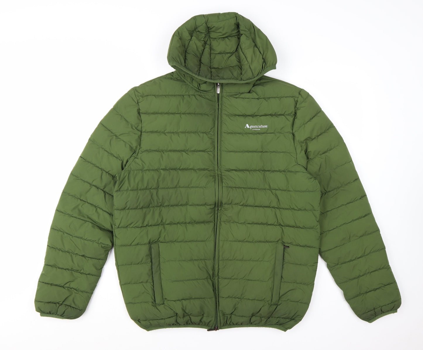Aquascutum Men’s Green Hooded Puffer Jacket L Polyester Full Zip