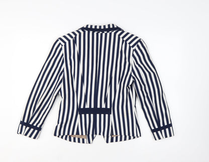 H&M Women Blue White Striped Suit Jacket Size 12 Classic Blazer