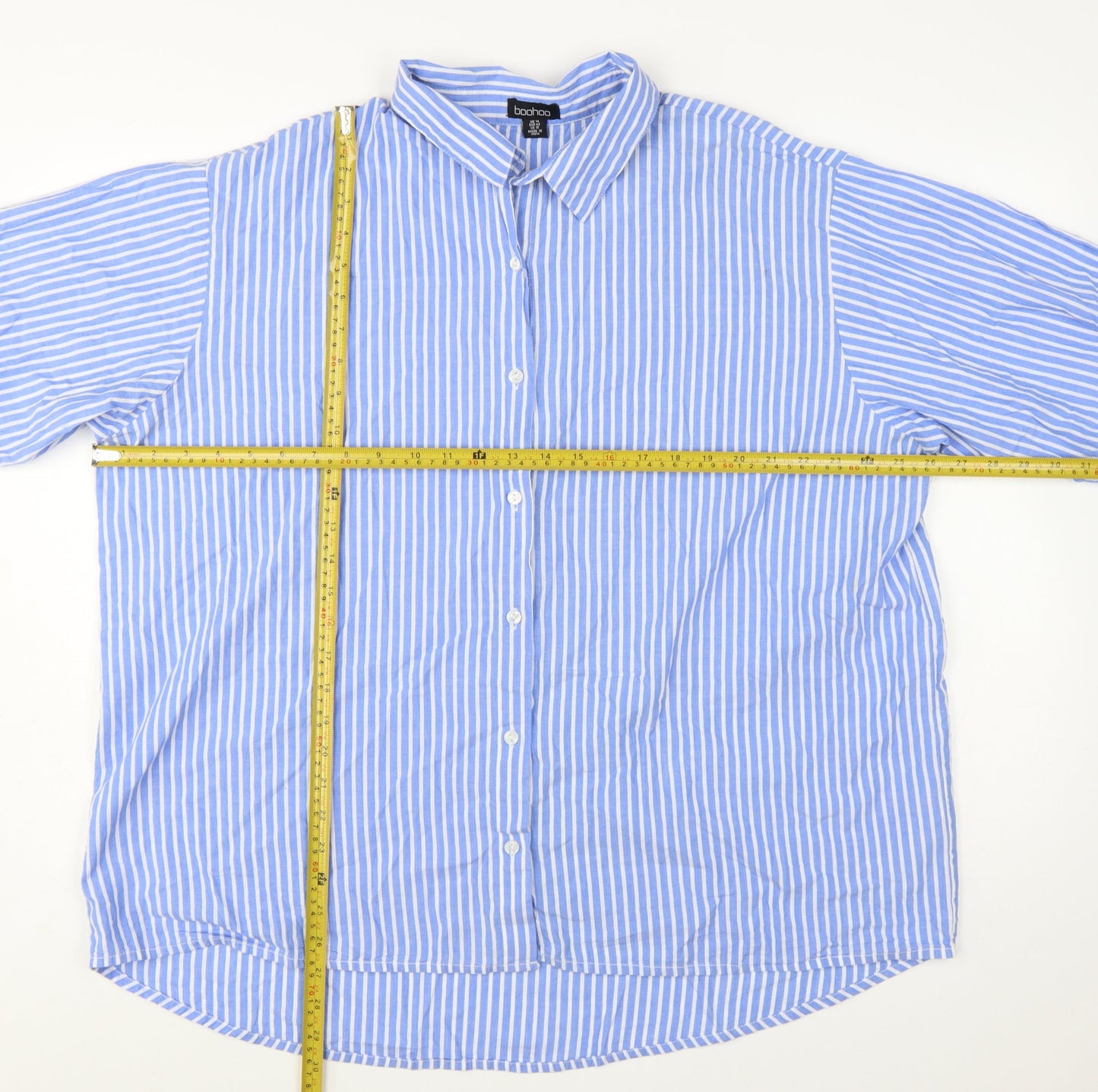 Boohoo Women Blue Striped Button-Up Long Sleeve Cotton Shirt Size 14