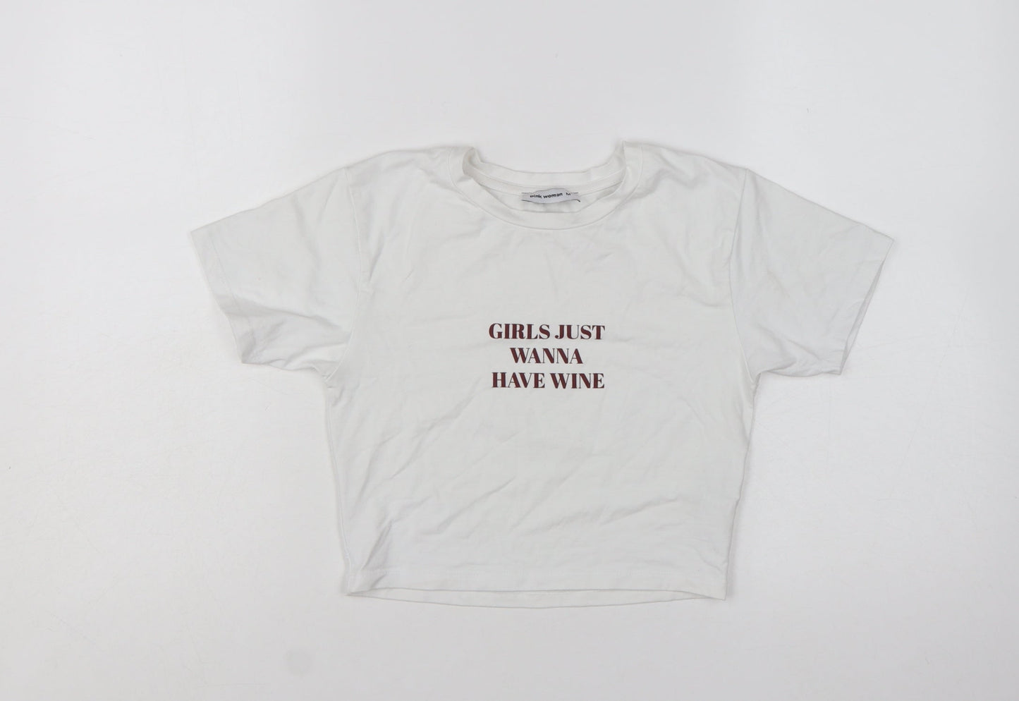 Pink Woman White Cropped T-Shirt Women M Funny Quote Casual Top