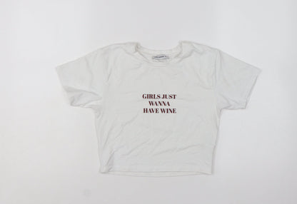 Pink Woman White Cropped T-Shirt Women M Funny Quote Casual Top