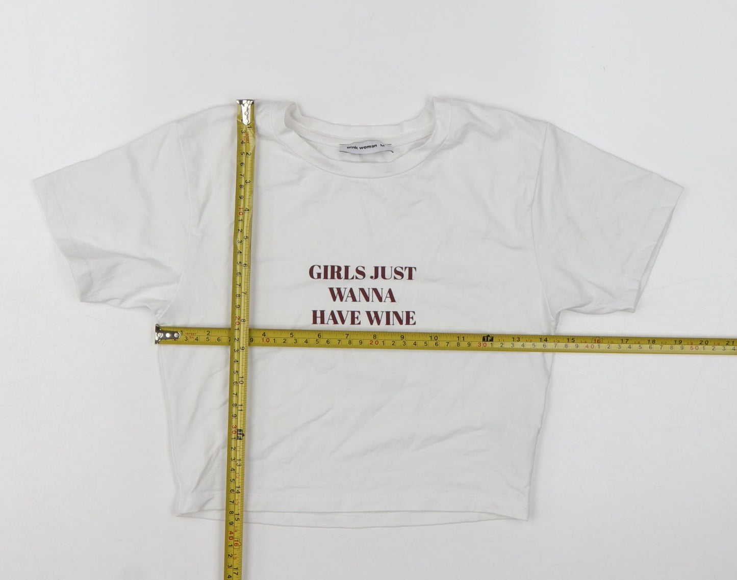 Pink Woman White Cropped T-Shirt Women M Funny Quote Casual Top