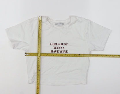 Pink Woman White Cropped T-Shirt Women M Funny Quote Casual Top