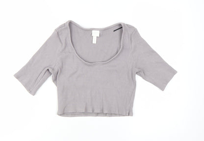 H&M Women's Grey Cropped 3/4 Sleeve Scoop Neck T-Shirt Size L