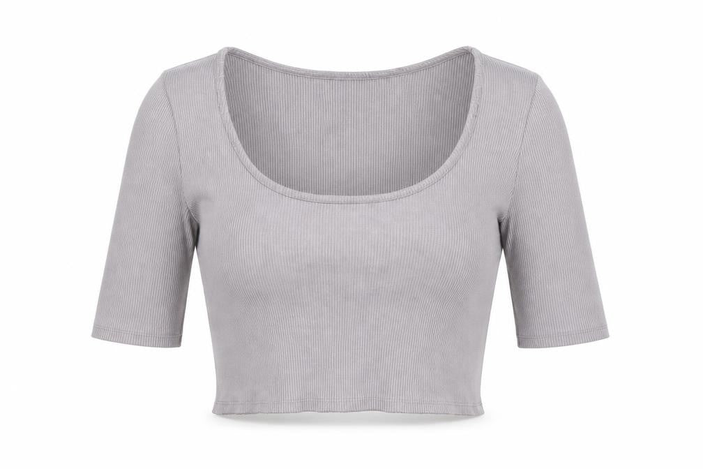 H&M Women's Grey Cropped 3/4 Sleeve Scoop Neck T-Shirt Size L