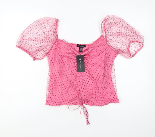 New Look Women’s Pink Polka Dot Mesh Puff Sleeve Cropped Blouse UK 16
