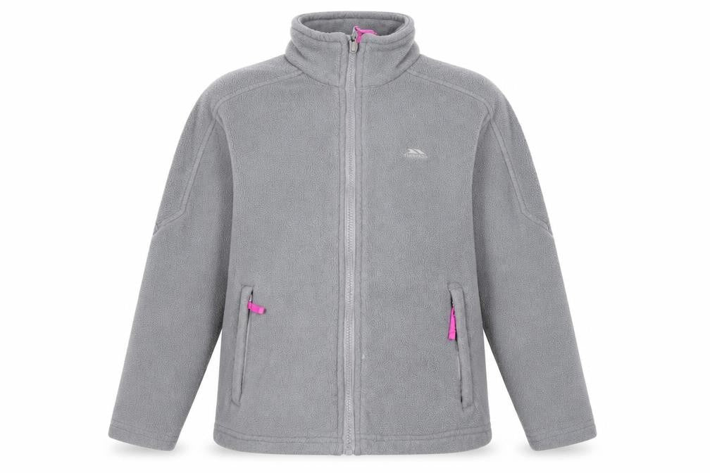 Front view of Trespass girls’ grey fleece full zip jacket 9-10 years lightweight outdoor