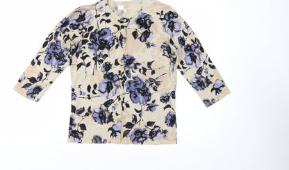 KENAR Women's Beige Floral 3/4 Sleeve Cardigan Knit M