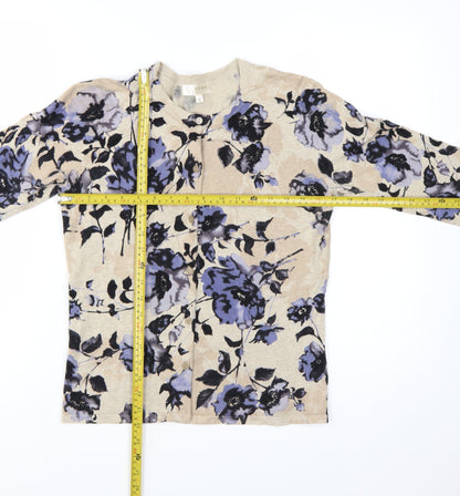 KENAR Women's Beige Floral 3/4 Sleeve Cardigan Knit M