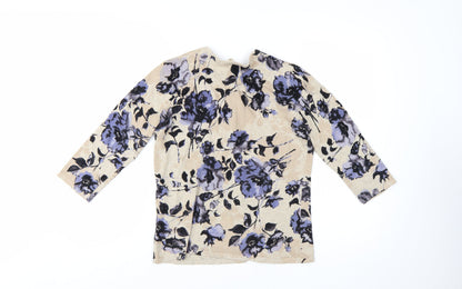 KENAR Women's Beige Floral 3/4 Sleeve Cardigan Knit M
