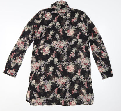 New Look Womens Black Floral Long Sleeve Tunic Blouse Size 10