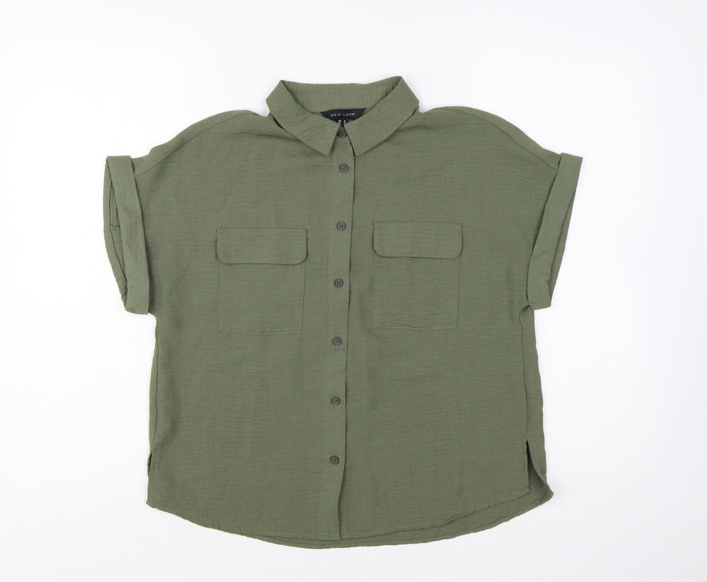New Look Women's Green Button-Up Short Sleeve Collared Shirt Size 8
