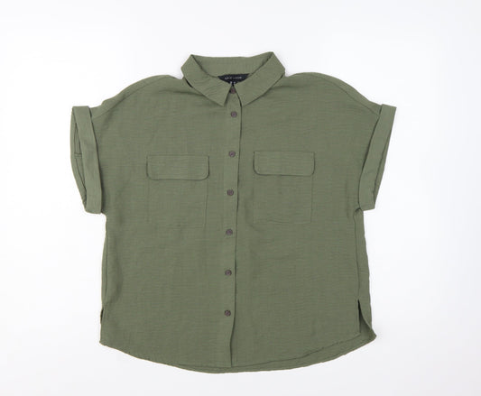 New Look Women's Green Button-Up Short Sleeve Collared Shirt Size 8