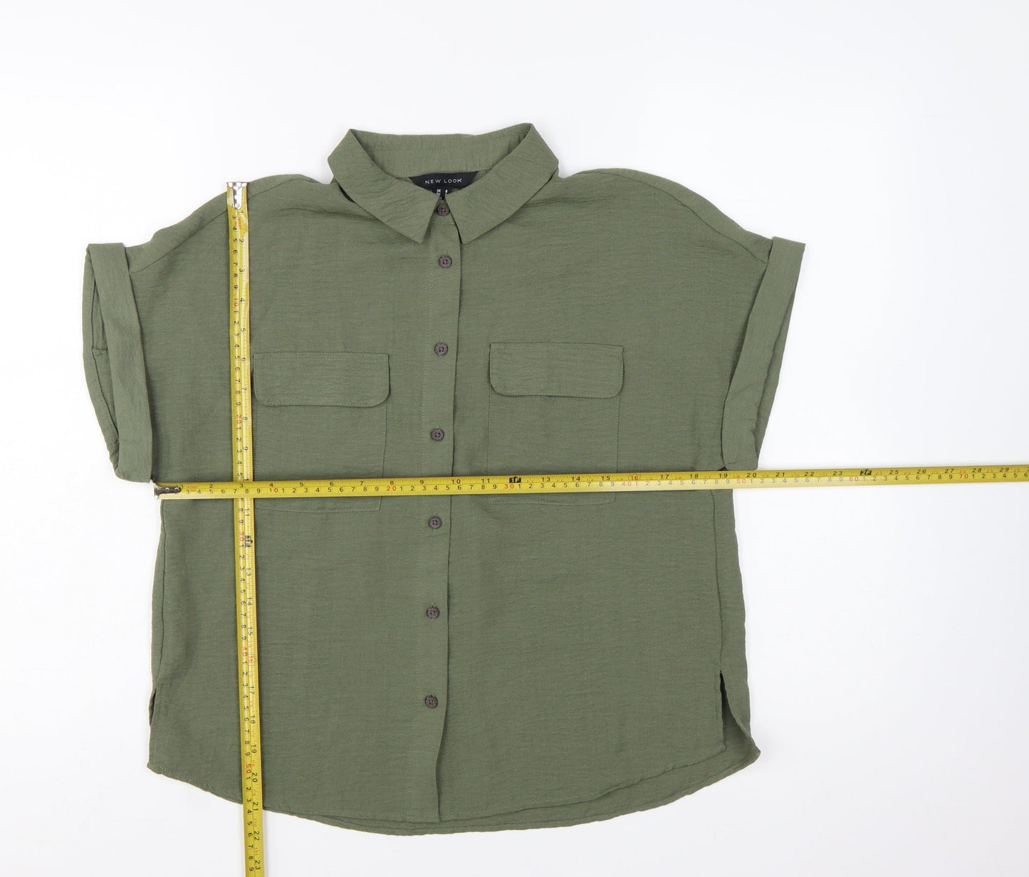 New Look Women's Green Button-Up Short Sleeve Collared Shirt Size 8