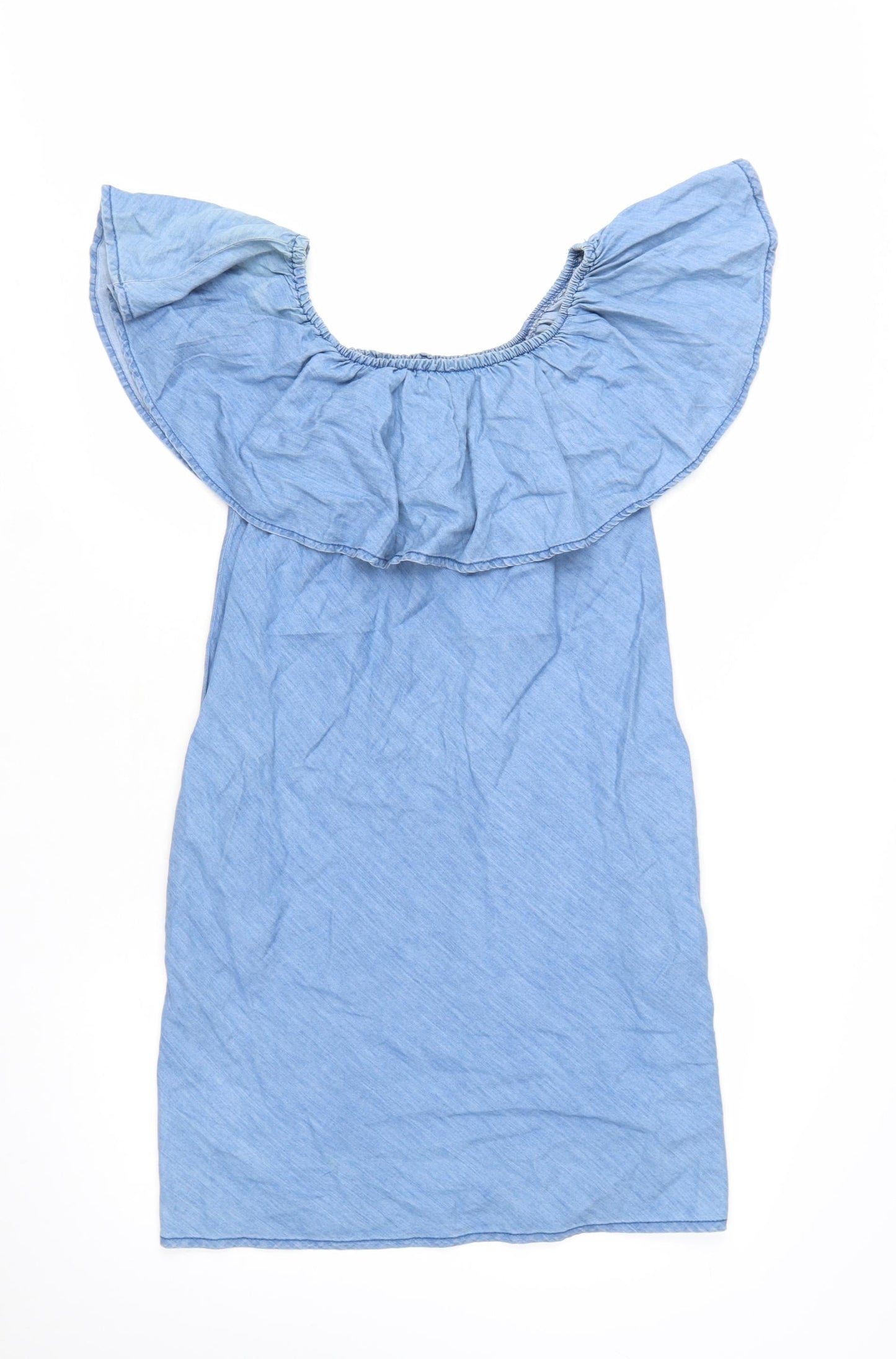 Denim Co Women Blue Off Shoulder Ruffle Chambray Shift Dress Size 12