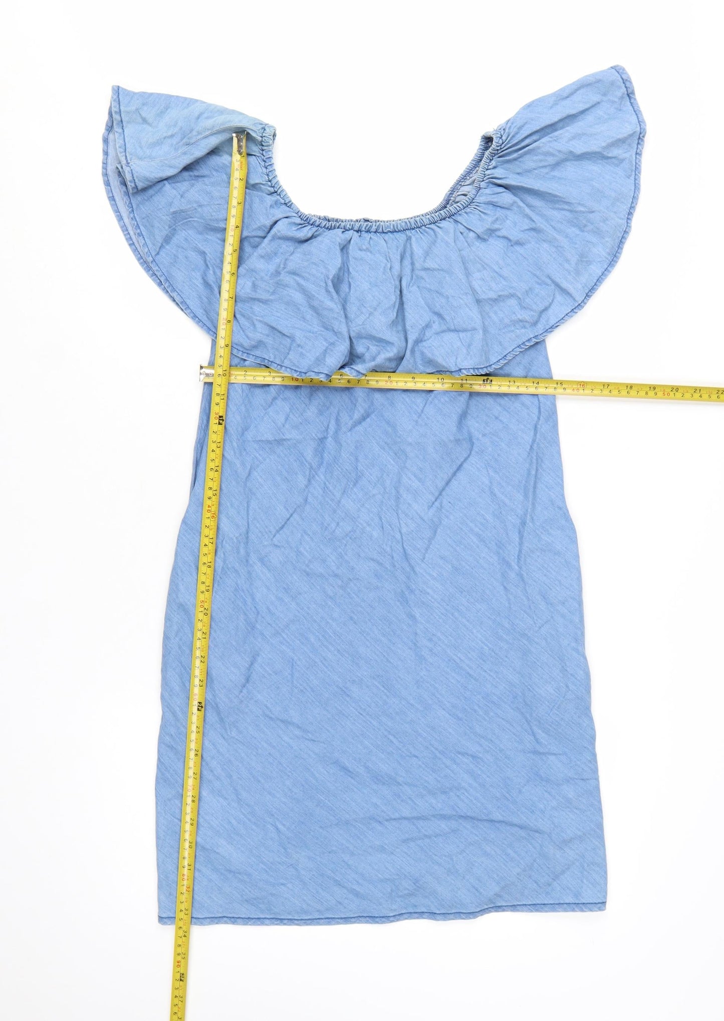 Denim Co Women Blue Off Shoulder Ruffle Chambray Shift Dress Size 12