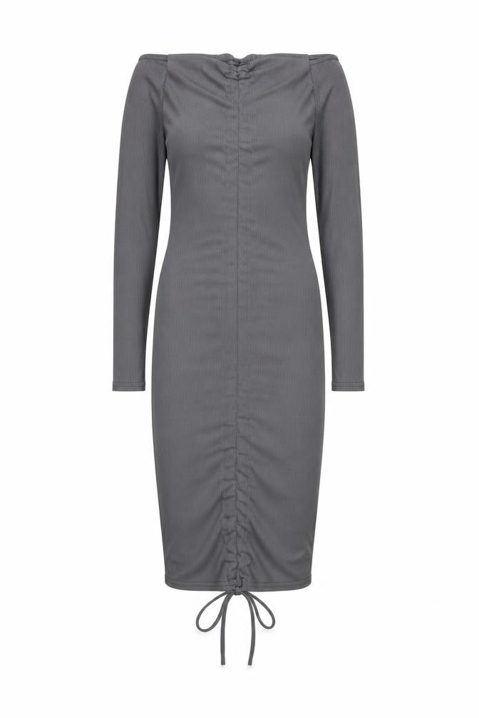 PRETTYLITTLETHING Women’s Grey Off-Shoulder Ruched Bodycon Dress Size 6