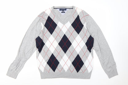Tommy Hilfiger Men’s Grey Argyle Pima Cotton V-Neck Jumper XL