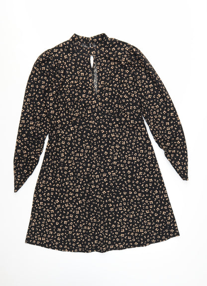 New Look Women Black Animal Print A-Line Long Sleeve Dress Size 14