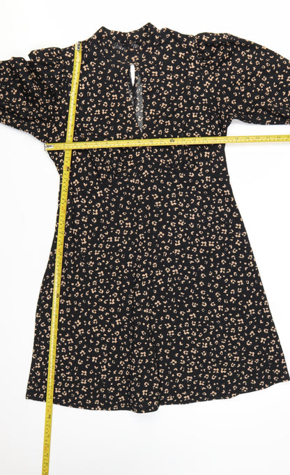 New Look Women Black Animal Print A-Line Long Sleeve Dress Size 14