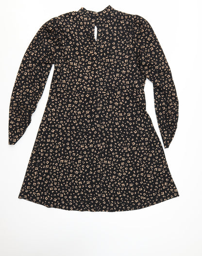 New Look Women Black Animal Print A-Line Long Sleeve Dress Size 14