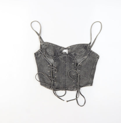 PrettyLittleThing Women Grey Petite Cropped Denim Lace Up Tank Top Size 8