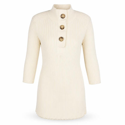 River Island Women’s Beige Ribbed Button-Up High Neck Top Size 8