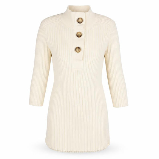 River Island Women’s Beige Ribbed Button-Up High Neck Top Size 8