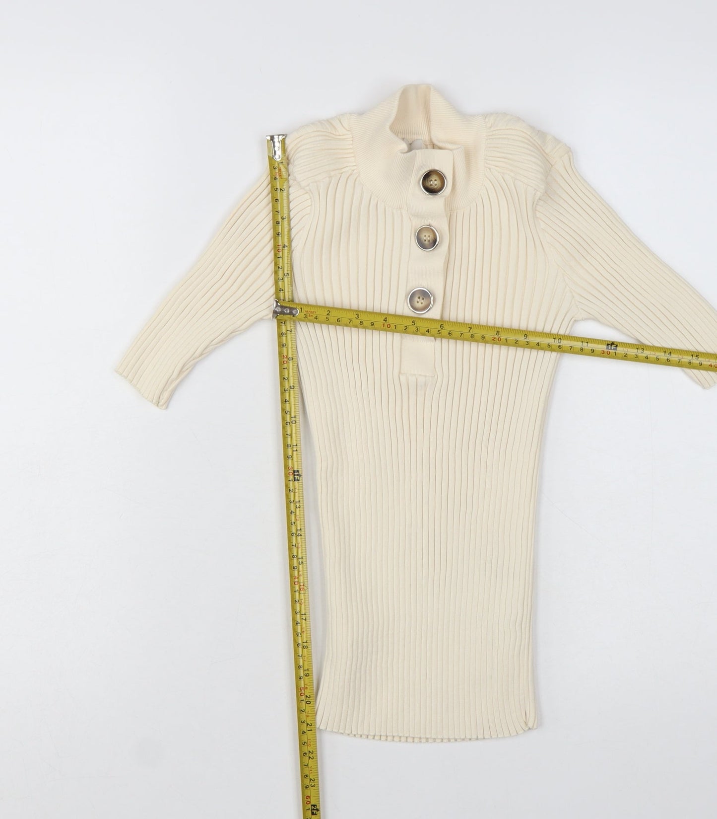 River Island Women’s Beige Ribbed Button-Up High Neck Top Size 8