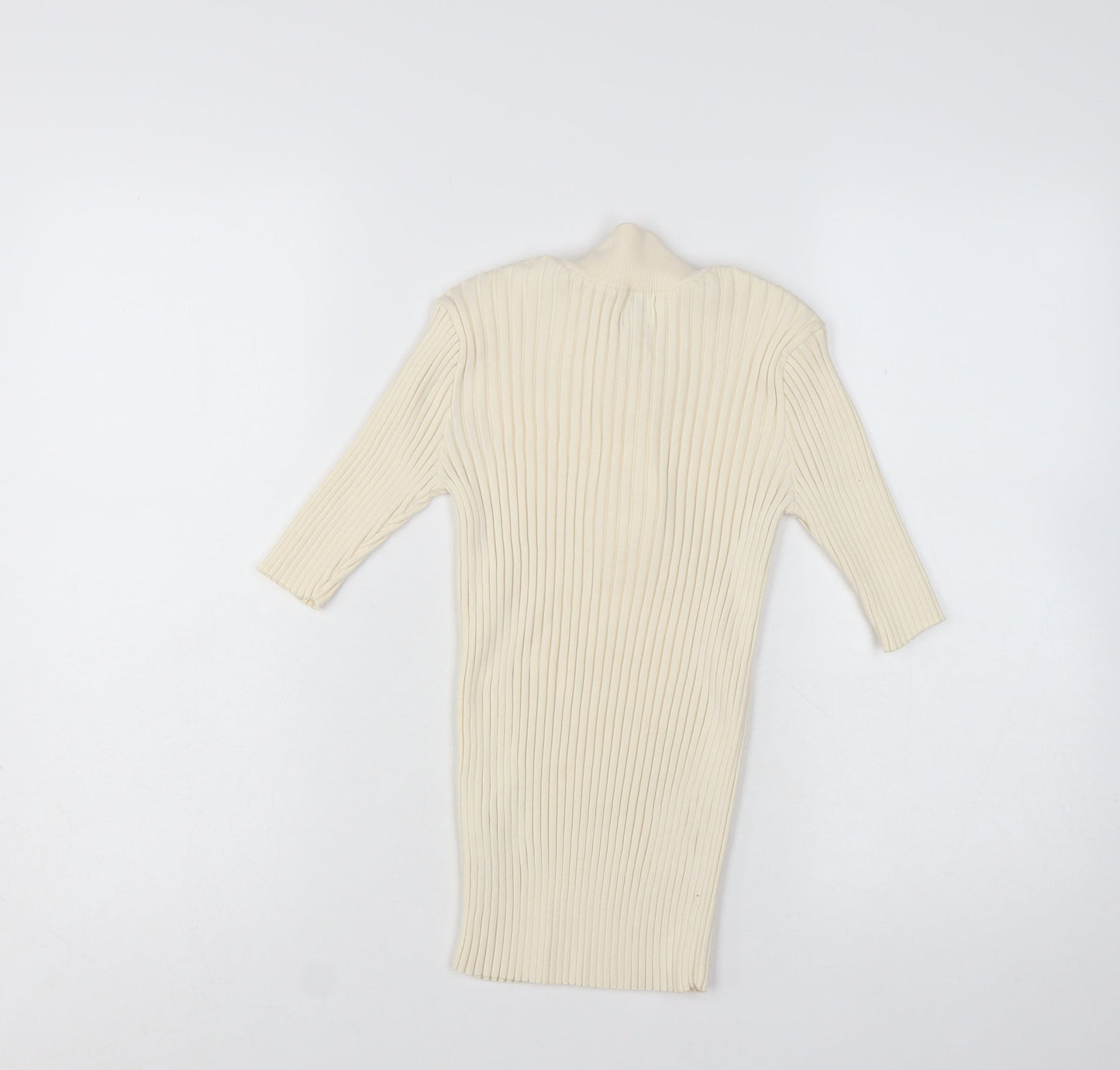 River Island Women’s Beige Ribbed Button-Up High Neck Top Size 8