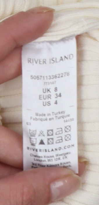 River Island Women’s Beige Ribbed Button-Up High Neck Top Size 8