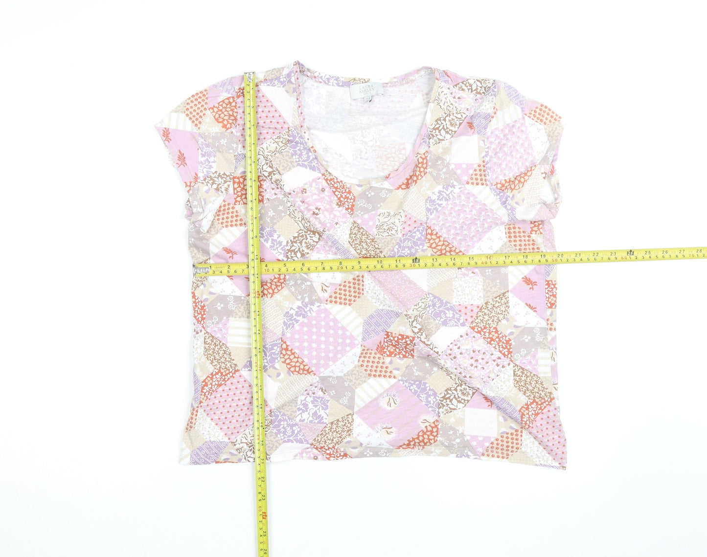 Laura Ashley Womens Multicoloured Patchwork V-Neck Cotton Jersey Top Size 16