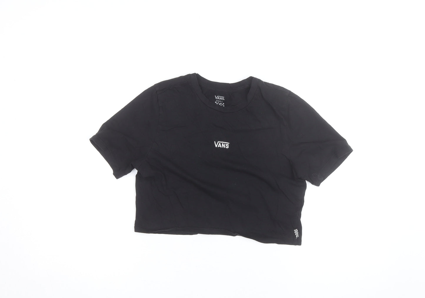 Vans Women’s Black Cropped T-Shirt Small Casual Logo Crew Neck