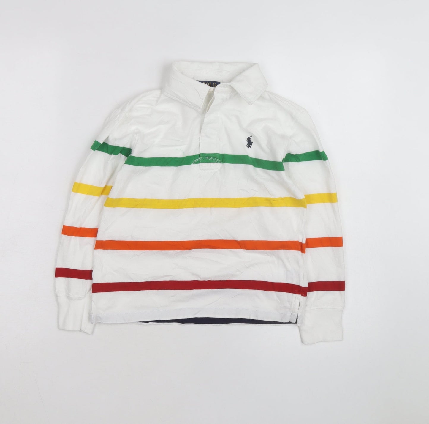 Polo Ralph Lauren Boys White Multicoloured Stripe Long Sleeve Polo Shirt Size 8