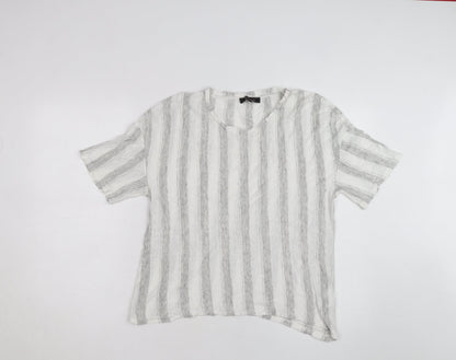 Jaeger Men Grey White Striped Linen Blend Short Sleeve T-Shirt M